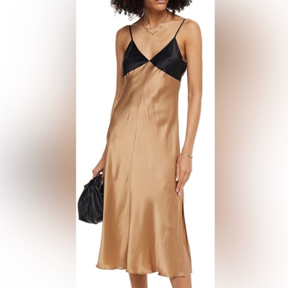 ATM Contrast Detail Silk Satin Slipdress in Black/Camel